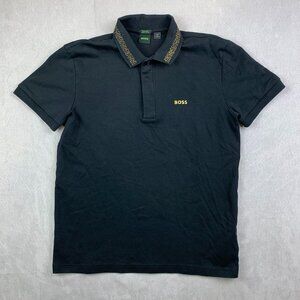 Hugo Boss Mens Shirt Medium Black Gold Polo Paddy Pixel Cotton Stretch Luxury